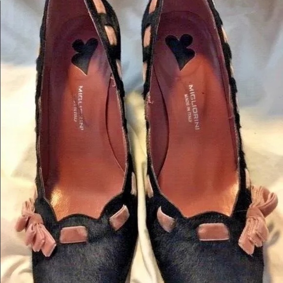 VINTAGE MIGLIORINI BLACK PONYHAIR PINK TRIM PUMP SHOES 37 - Picture 8 of 8